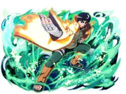  1boy bandaged_arm bandages black_boots boots clenched_teeth coat fighting_stance flak_jacket green_jacket green_pants jacket looking_at_viewer naruto_(series) naruto_shippuuden naruto_shippuuden:_ultimate_ninja_blazing official_art open-toe_boots open_clothes open_coat orange_coat pants rock_lee short_hair solo teeth 