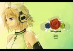  aqua_eyes blonde_hair blue_rose flower hair_ornament hair_ribbon hairclip headphones highres kagamine_rin kagamine_rin_(append) letterboxed portrait red_rose ribbon rioko rose short_hair solo vocaloid vocaloid_append yellow_rose 