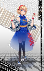  1girl 3d_background :/ absurdres adapted_costume alice_margatroid barcode belt binary black_thighhighs blonde_hair blue_dress blue_eyes closed_mouth commentary detached_sleeves dress dress_ribbon english_commentary english_text floor fog frilled_wrist_cuffs frills gold_belt gradient_clothes gradient_dress grey_shoes hairband highres indis long_sleeves looking_at_viewer monochrome_background puffy_long_sleeves puffy_sleeves puppet_strings red_hairband red_ribbon red_wrist_cuffs ribbon science_fiction see-through_clothes see-through_dress shoes short_hair sleeves_rolled_up solo text_background thigh-highs touhou white_sleeves wrist_cuffs 