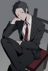  1boy adachi_tooru black_eyes black_hair black_jacket black_pants black_socks business_suit chair closed_mouth collared_shirt commentary_request crossed_legs elbow_on_knee grey_background hand_up head_on_hand head_rest highres jacket knee_up lapels long_sleeves looking_to_the_side male_focus necktie notched_lapels on_chair open_clothes open_jacket pants persona persona_4 red_necktie shirt short_hair simple_background sitting socks solo suit suit_jacket white_shirt yoshino_saku 