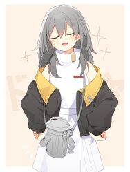  1girl absurdres bare_shoulders black_jacket border brown_background character_bag closed_eyes commentary_request cowboy_shot dress facing_viewer grey_hair hands_on_own_hips highres honkai:_star_rail honkai_(series) jacket long_hair long_sleeves lordly_trashcan_(honkai:_star_rail) off_shoulder official_alternate_costume open_mouth outside_border simple_background sleeveless sleeveless_dress smile solo sparkle stelle_(honkai:_star_rail) stelle_(world_tour_2023)_(honkai:_star_rail) trailblazer_(honkai:_star_rail) uwasewau white_border white_dress 