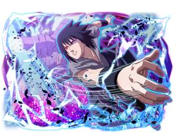  1boy black_hair electricity grey_jacket heterochromia jacket naruto_(series) naruto_shippuuden naruto_shippuuden:_ultimate_ninja_blazing official_art red_eyes rinnegan sharingan short_hair short_sleeves solo susanoo_(naruto) uchiha_sasuke violet_eyes 