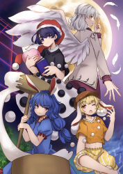  4girls :3 :o absurdres angel_wings animal_ears barefoot black_dress blonde_hair blue_eyes blue_hair blue_shirt blue_sky book braid branch_print brown_eyes brown_hat bush closed_mouth clouds collar commentary_request crop_top crossed_bangs crossed_legs crown_braid dango doremy_sweet dream_soul dream_world_(touhou) dress falling_feathers feathers floating_clothes food frilled_shirt frilled_shorts frills from_behind full_moon fur-trimmed_headwear fur_trim gold_trim hair_between_eyes hat highres holding holding_book holding_mallet jacket kine kishin_sagume layered_dress light_blush light_frown long_hair long_sleeves looking_at_viewer looking_back low-tied_long_hair mallet medium_hair midriff mochi mochi_trail mochitsuki moon mortar_(bowl) multiple_girls navel neold night nightcap open_mouth orange_eyes orange_shirt orange_shorts pom_pom_(clothes) ponytail puffy_short_sleeves puffy_sleeves purple_hair purple_sky rabbit_ears rabbit_girl red_dress red_eyes red_hat red_trim ringo_(touhou) seiran_(touhou) shirt short_hair short_sleeves shorts single_wing sitting sky smile split_mouth tapir_girl telekinesis touhou upper_body v-shaped_eyebrows wagashi white_collar white_dress white_feathers white_hair white_jacket white_shorts wings 