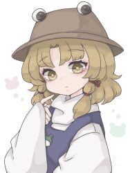  1girl animal_print blonde_hair brown_hat closed_mouth commentary_request frog_print hair_ribbon hand_up harukairo hat highres long_sleeves looking_at_viewer moriya_suwako pointing pointing_at_self purple_vest red_ribbon ribbon shirt short_hair simple_background solo touhou turtleneck turtleneck_shirt upper_body vest white_background white_shirt wide_sleeves yellow_eyes 