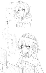  !? absurdres back_ribbon bare_shoulders blush bracelet code:_esencia_(elsword) commentary_request detached_sleeves dress eirlys_els elsword eve_(elsword) highres hologram holographic_interface holographic_touchscreen jewelry medium_hair monochrome parted_bangs speech_bubble surprised sweatdrop thought_bubble tiara 