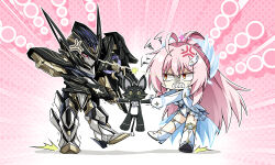  1girl 1other aemeath_(wuthering_waves) ahoge anger_vein breasts clenched_teeth commentary_request elbow_gloves gloves hair_ornament highres korean_commentary leotard long_hair mecha medium_breasts orange_eyes pink_background pink_hair ponytail robot sigillum_(wuthering_waves) skirt stuffed_animal stuffed_cat stuffed_toy sweatdrop teeth thighs tug_of_war v-shaped_eyebrows white_gloves white_leotard white_skirt windy_(jazz9207) wuthering_waves 