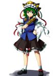  asymmetrical_hair black_dress blue_eyes bow buttons dress footwear frown green_hair hand_on_hip hat highres hips long_sleeves no~ma ribbon rod_of_remorse shadow shikieiki_yamaxanadu shoes short_hair skirt socks solo touhou transparent_background vest white_background 