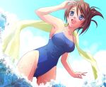  asahina_aoi_(dangan-ronpa) blue_eyes breasts brown_hair dangan-ronpa dangan_ronpa dutch_angle hair_ornament hairclip highleg highleg_swimsuit one-piece_swimsuit open_mouth solo swimsuit water 
