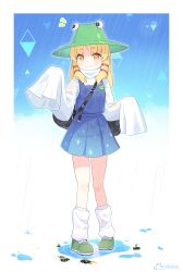  1girl absurdres black_bag blonde_hair blush breasts closed_mouth commentary_request frog_charm full_body green_hat green_shoes hair_ribbon hands_up hat highres long_hair long_sleeves looking_at_viewer marutoufu moriya_suwako notice_lines puddle purple_skirt purple_vest rain red_ribbon ribbon shirt shoes skirt sleeves_past_fingers sleeves_past_wrists small_breasts smile solo standing touhou turtleneck turtleneck_shirt vest white_shirt yellow_background 