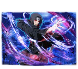  1boy akatsuki_uniform black_coat black_hair coat forehead_protector jewelry konohagakure_symbol looking_at_viewer naruto_(series) naruto_shippuuden:_ultimate_ninja_blazing night official_art outdoors print_coat red_eyes ring short_hair solo uchiha_itachi 