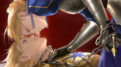  1boy 1girl absurdres armor armored_dress artist_request artoria_pendragon_(fate) blonde_hair chain chain_around_neck chained chinese_commentary commentary_request commission dress earrings face-to-face fate/stay_night fate_(series) gilgamesh_(fate) green_eyes hand_on_another's_neck highres holding holding_chain jewelry looking_at_another lying on_back open_mouth profile red_background red_eyes saber_(fate) second-party_source smile updo 