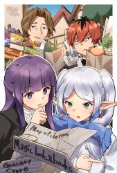  2boys 2girls :o absurdres bag beard_stubble black_hair blue_scarf book bottle brown_hair chalice commentary_request cup day earrings elf facial_hair fern_(sousou_no_frieren) frieren glint green_eyes grey_hair grocery_bag hand_up highres jewelry map multiple_boys multiple_girls outdoors pointing pointy_ears potion purple_hair red_eyes red_hair robe rokochandayo scarf sein_(sousou_no_frieren) shopping_bag short_hair sousou_no_frieren stark_(sousou_no_frieren) stubble twitter_username violet_eyes 
