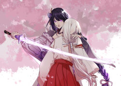  2girls absurdres animal_ears back blunt_bangs braid cherry_blossoms chinese_commentary closed_mouth collarbone commentary_request falling_petals from_behind genshin_impact glowing glowing_eyes glowing_sword glowing_weapon hair_ornament hair_ribbon hand_on_another's_shoulder head_on_another's_shoulder highres holding holding_sword holding_weapon japanese_clothes kitsune_saiguu leaning_on_person long_hair looking_at_viewer miko mole mole_under_eye multiple_girls musou_isshin_(genshin_impact) neck_ribbon off_shoulder outdoors petals purple_hair purple_nails qingshengqingsi raiden_shogun ribbon single_braid standing sword tomoe_(symbol) tree violet_eyes weapon white_background white_hair 