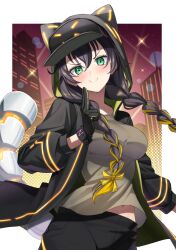  1girl agibe black_gloves black_jacket black_shorts blonde_hair blush braid braided_sidelock breasts brown_shirt closed_mouth commentary_request duel_monster fake_tail gloves green_eyes hair_between_eyes hat highres jacket large_breasts looking_at_viewer navel peaked_cap s-force_rappa_chiyomaru s:p_little_knight shirt shorts smile solo tail twin_braids yu-gi-oh! 