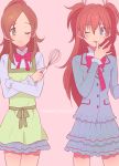  bad_id blue_eyes blush bow brown_hair cake food hair_ribbon houjou_hibiki licking long_hair minamino_kanade ochappa orange_hair ponytail precure ribbon school_uniform skirt smile suite_precure twintails two_side_up whisk wink 