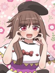  1girl :d black_hat blunt_bangs blunt_ends blunt_sidelocks blush brown_hair capelet commentary_request dot_nose dress floral_background hands_up hat highres nishida_satono open_mouth pink_background pink_dress red_eyes rokugou_daisuke short_hair_with_long_locks sidelocks smile solo touhou upper_body white_capelet 