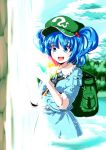  :d back-to-back backpack bag blue_eyes blue_hair blue_sky hat highres irusu kawashiro_nitori open_mouth short_hair sky sleeves_folded_up smile solo touhou twintails wading water 