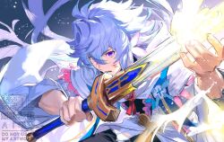  1boy excalibur_(fate/stay_night) fate/grand_order fate_(series) highres holding holding_sword holding_weapon hooded_robe long_hair male_focus merlin_(fate) petals robe senmochi_02 solo sword weapon white_hair white_robe 