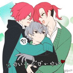  !? 3boys annoyed aqua_sweater bags_under_eyes black_eyes clone_harem collared_shirt dress_shirt dual_persona gloves green_eyes green_sweater grey_gloves grey_hair hair_over_one_eye highres hug jh kuchinashi_dabi mole mole_under_eye multiple_boys oshi_no_tachiba_ga_irekawaru oshi_no_taisetsuna_hito_ni_narikawaru ponytail red_hair sharp_teeth shirt sweater teeth tonimura_yui undercut white_shirt 