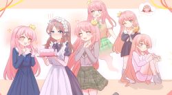  2girls absurdres artist_request bang_dream! bang_dream!_it's_mygo!!!!! birthday_cake blue_eyes blue_shirt blue_skirt blush brown_hair brown_sweater_vest cake chihaya_anon chinese_commentary commentary_request commission controller cosplay drooling fang food game_controller green_necktie green_skirt grey_eyes grey_jacket heart heart-shaped_pupils highres holding holding_controller holding_game_controller jacket kirby kirby_(cosplay) kirby_(series) long_hair maid maid_headdress mouth_drool multiple_girls nagasaki_soyo necktie open_mouth pink_hair pink_jacket pink_shorts pleated_skirt sailor_collar school_uniform second-party_source serafuku shirt shorts skirt star-shaped_pupils star_(symbol) sweater_vest symbol-shaped_pupils white_sailor_collar 