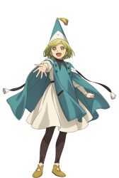  1girl artist_request black_leggings blonde_hair brown_eyes coco_(tongari_boushi_no_atelier) fingernails full_body hat hat_tassel highres leggings long_sleeves looking_at_viewer official_art open_mouth qifrey's_atelier_apprentice_uniform reaching reaching_towards_viewer shoes short_hair smile solo standing tongari_boushi_no_atelier transparent_background 