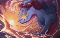  claws closed_mouth commentary_request feraligatr looking_at_viewer no_humans ocean outdoors pokemon pokemon_(creature) sharp_teeth signature solo sunset teeth yamachi_nosuke 
