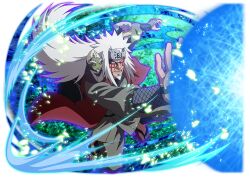  1boy facial_hair facial_mark forehead_protector fukasaku_(naruto) goatee japanese_clothes jiraiya_(naruto) jiraiya_(sage_mode)_(naruto) long_hair naruto_(series) naruto_shippuuden:_ultimate_ninja_blazing official_art open_mouth rasengan shima_(naruto) solo teeth toad_(animal) white_hair 