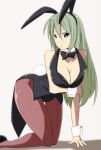  animal_ears aqua_eyes bad_id breast_hold breasts bunny_ears bunny_tail bunnysuit cleavage green_eyes green_hair kichi8 kneeling large_breasts long_hair original pantyhose solo tail thigh_gap vest wide_hips wrist_cuffs 