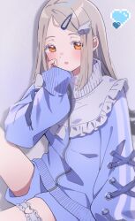  1girl bib_collar blue_jacket blue_shorts blush commentary_request cowboy_shot frilled_shirt_collar frills gakuen_idolmaster grey_hair hair_ornament hairclip hand_on_own_cheek hand_on_own_face hand_up heart highres idolmaster jacket knee_up kousaki_(yeuk7427) long_hair long_sleeves looking_at_viewer open_mouth orange_eyes pixel_heart shinosawa_hiro shorts sitting solo striped_clothes striped_jacket swept_bangs tenshi_kaiwai thigh_strap track_jacket vertical-striped_clothes vertical-striped_jacket wing_hair_ornament 