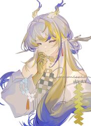  1girl absurdres arknights bare_shoulders chinese_commentary closed_eyes closed_mouth colored_extremities commentary_request commission dragon_girl dragon_horns earrings facing_viewer gradient_hair grey_hair hair_between_eyes hair_branch hand_to_own_mouth hand_up highres horns jewelry long_hair long_sleeves multicolored_hair pointy_ears shu_(arknights) smile solo streaked_hair tuanliu_huoyan upper_body white_background yellow_hands 