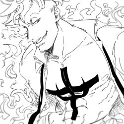  1boy abs anchor_tattoo clenched_teeth collared_shirt commentary_request greyscale male_focus marco_(one_piece) mike_(tomatomato244) monochrome one_piece shirt short_hair smile solo tattoo teeth upper_body 