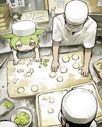  1girl 2boys :3 blush bowl character_doll chef closed_eyes commentary_request cooking cutting_board doll dough glasses green_hair hat highres indoors mask mouth_mask multiple_boys open_mouth orange_eyes short_sleeves sign sink syakunetuu touhoku_zunko utau voicevox white_hat white_mask zundamon 