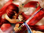  action bandages bare_shoulders breasts cleavage dual_wielding hair_over_one_eye japanese_clothes meiko nail_polish red red_eyes red_hair redhead scarf senshuu_ichiya_(vocaloid) shichikusa short_hair solo sword vocaloid weapon wind 