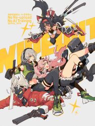  1boy 3girls anby_demara animal_ear_fluff animal_ears bare_shoulders billy_kid black_choker black_gloves black_hair black_pants black_ribbon black_shoes black_shorts black_skirt black_thighhighs braid braided_sidelock cable cable_tail cat_ears cat_girl cat_tail chain choker clothed_robot commentary_request earrings facial_mark fingerless_gloves forehead_mark forehead_tattoo gloves green_eyes green_jacket green_shoes green_sleeves grey_background grey_hair gun hairband hally headphones heart heart_earrings highres holding holding_gun holding_sword holding_weapon humanoid_robot jacket jewelry long_hair looking_at_another lying mechanical_tail midriff multicolored_sleeves multiple_girls multiple_tails navel nekomiya_mana nicole_demara on_stomach open_mouth orange_eyes pants pink_hair red_eyes red_hairband red_jacket ribbon robot robot_boy shoes short_hair shorts sitting sitting_on_person skirt sparkle suitcase sweatdrop sword tail tattoo thigh-highs triangle triangle_facial_mark two_side_up two_tails weapon zenless_zone_zero 