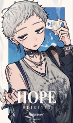  1girl :o absurdres aqua_eyes blue_background border cigarette collarbone commentary_request english_text grey_hair highres holding holding_cigarette jacket jacket_partially_removed jewelry looking_at_viewer mitsu349 mole mole_under_eye off_shoulder original piercing punk simple_background smoke smoking solo white_border 