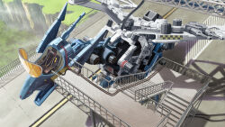 cable cannon cockpit commentary day fog from_above horns joints mecha mechanical_wings mouth_cannon naox no_humans open_cockpit open_mouth outdoors railing ravine robot robot_joints salamander_(zoid) science_fiction seatbelt stairs tree wings zoids 