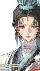  1girl artist_name black_hair blue_hat calligraphy_brush chinese_clothes cropped facial_mark forehead_mark guan_hat hanfu hat holding holding_calligraphy_brush holding_paintbrush looking_at_viewer master_ren_(reverse:1999) paintbrush portrait red_lips reverse:1999 shanzhiyou short_hair web_address white_background white_hanfu 