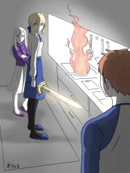  1boy 2girls artist_name artoria_pendragon_(fate) commentary_request emiya_shirou excalibur_(fate/stay_night) fate/stay_night fate_(series) fire green_eyes highres illyasviel_von_einzbern kitchen looking_at_another meme multiple_girls red_eyes red_hair saber_(fate) shirt signature suk_195 t-shirt white_hair 