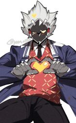  1boy ai_manato artist_name billy_kid black_pants blue_suit blush commentary_request grey_hair heart heart_hands holding holding_heart looking_at_viewer male_focus pants robot_boy shirt suit twitter_username white_shirt zenless_zone_zero 