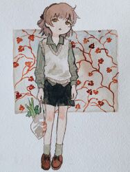  1girl :o alternate_costume ankle_socks arms_at_sides bag black_shorts brown_eyes brown_hair brown_shoes collared_shirt commentary english_commentary floral_background full_body grey_shirt grey_socks grocery_bag hair_rings hatoba_tsugu highres holding holding_bag io_(onisarashi) long_sleeves looking_at_viewer mole mole_under_eye no_nose outside_border oxfords painting_(medium) parted_lips plastic_bag shirt shoelaces shoes shopping_bag short_hair shorts single_hair_ring socks solo spring_onion standing sweater_vest traditional_media tsugu_(vtuber) watercolor_(medium) wing_collar 