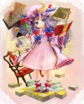  1girl blue_eyes book boots bow chair child crescent dress flower hair_bow hat ink_bottle long_hair nokuran open_book overcoat parchment patchouli_knowledge pigeon-toed purple_hair quill solo touhou vertical_stripes writing 