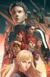  3girls 6+boys adjusting_hair anteiru black_bodysuit black_eyes black_hair blonde_hair blue_eyes bodysuit brown_eyes brown_hair clenched_teeth closed_mouth commentary_request embers emerelda_zubin facial_hair gass_huguest gawman_nobile gigi_andalusia glasses glowing glowing_eye green_eyes gundam gundam_hathaway's_flash hair_between_eyes hathaway_noa helmet highres hundley_yeoksan kenneth_sleg lane_aim long_hair looking_to_the_side mecha mecha_pilot_suit mihessia_hence mobile_suit multiple_boys multiple_girls mustache normal_suit_(gundam) open_mouth pilot_helmet ponytail purple_hair red_hair robot scar scar_across_eye scar_on_face science_fiction short_hair sideways_glance teeth tucking_hair v-fin very_short_hair xi_gundam 