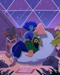  2girls arm_around_shoulder bean_bag_chair blonde_hair blue_hair blue_skin book clenched_hand clenched_teeth closed_mouth colored_skin commentary crossed_legs english_commentary eye_contact flower_request full_body green_skin highres holding indoors knees_up lapis_lazuli_(steven_universe) looking_at_another multiple_girls open_book peridot_(steven_universe) plant sitting smile steven_universe teeth timehuntress triangle-shaped_hair yuri 