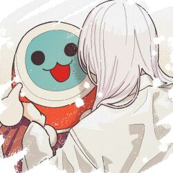 1boy 1girl absurdres ball_hands bandai_namco commentary_request drum film_grain from_behind hakama hakama_skirt highres instrument japanese_clothes komedo_tamago_ta kosode long_hair long_skirt long_sleeves miko official_art open_mouth red_hakama red_skirt second-party_source shinono's_mother_(taiko_no_tatsujin) simple_background skirt solid_circle_eyes splatter straight_hair taiko_drum taiko_no_tatsujin thick_outlines wada_katsu white_hair white_kosode white_sleeves 