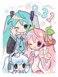 3girls :d ;) ;d absurdres aqua_eyes aqua_hair aqua_necktie aqua_trim arms_up bare_shoulders black_sleeves blue_eyes blue_hair blue_necktie blue_trim blush_stickers border breasts bright_pupils cherry_hair_ornament chinese_commentary closed_mouth collared_shirt commentary_request dated deformed detached_sleeves double-parted_bangs fewer_digits flower food-themed_hair_ornament food_print fruit_print grey_shirt grid_background hair_between_eyes hair_ornament hatsune_miku headphones headset heart highres index_finger_raised long_hair long_sleeves looking_at_viewer multiple_girls multiple_persona necktie no_pupils number_tattoo ok_sign one_eye_closed open_mouth pink_eyes pink_hair pink_sleeves pink_trim sakura_miku shirt shoulder_tattoo simple_background sleeveless sleeveless_shirt small_breasts smile snowman snowman_on_head star-shaped_pupils star_(symbol) star_symbol_background strawberry_print symbol-shaped_pupils tareme tattoo tie_clip triangle tuteo twintails upper_body very_long_hair vocaloid white_background white_border white_flower white_shirt white_sleeves white_trim wide_sleeves yellow_pupils yuki_miku yuki_miku_(2010) 