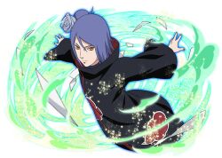  1girl akatsuki_uniform black_coat brown_eyes coat konan_(naruto) looking_at_viewer naruto_(series) naruto_shippuuden naruto_shippuuden:_ultimate_ninja_blazing official_art paper print_coat purple_hair short_hair solo 