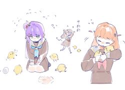  >_< ._. 3girls :d ? animal_hug baby_animal bird blue_neckerchief brown_dress brown_hair chick closed_mouth commentary demon_tail detached_hair drawn_horns drawn_tail dress english_commentary flower flying_sweatdrops fujishima_megumi hair_flower hair_ornament hasu_no_sora_school_uniform heart highres hinoshita_kaho link!_like!_love_live! long_sleeves love_live! multiple_girls neckerchief open_mouth orange_hair otomune_kozue pipi_(m1x_mix) purple_hair red_flower red_neckerchief running sailor_collar sailor_dress school_uniform side_ponytail sidelocks simple_background sitting smile tail thai_text translation_request two_side_up virtual_youtuber white_background white_sailor_collar winter_uniform 