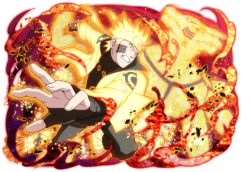  1boy black_shirt boots clenched_teeth collared_jacket colored_skin facial_mark fiery_aura forehead_protector high_collar jacket kurama_(naruto) magatama magatama_print male_focus naruto_(series) naruto_shippuuden naruto_shippuuden:_ultimate_ninja_blazing official_art open-toe_boots orb shirt short_hair solo spiky_hair teeth uzumaki_naruto uzumaki_naruto_(kurama_mode) yellow_boots yellow_eyes yellow_jacket 