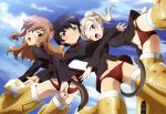 absurdres animal_ears black_hair blonde_hair brown_hair cloud clouds fernandia_malvezzi highres long_hair looking_back luciana_mazzei martina_crespi multiple_girls nyantype official_art open_mouth short_hair sky strike_witches striker_unit tail wink 