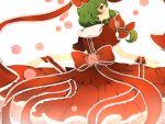  bad_id bow dress flower frills from_behind front_ponytail green_eyes green_hair hair_bow hair_ornament highres kagiyama_hina komine long_hair looking_back pink_rose red_dress rose simple_background solo touhou 